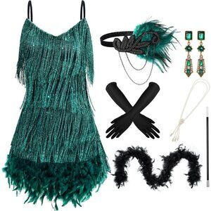 1920s Flapper Accessories Set Women's Costume Vintage Sequined Dress Feather Boa